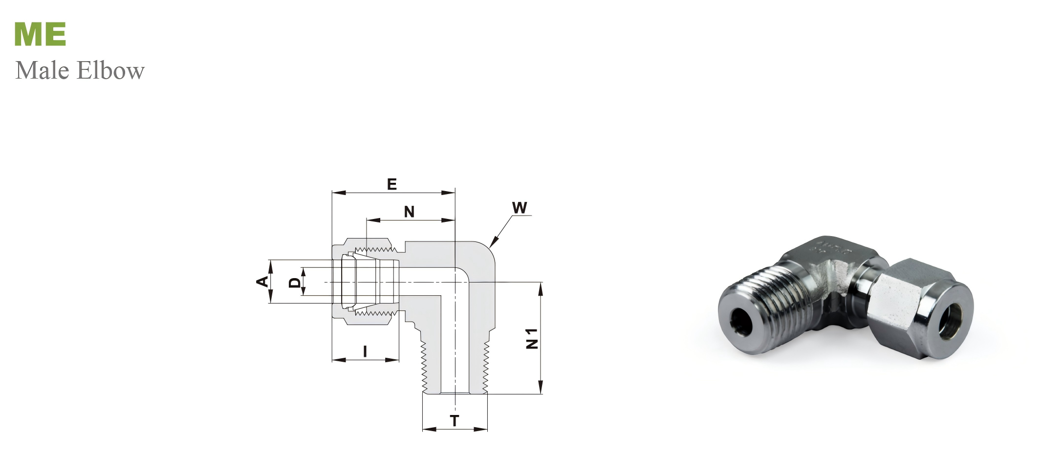 Переходник угловой ME: MNPT - OD мм / Type ME MNPT - Tube fitting мм