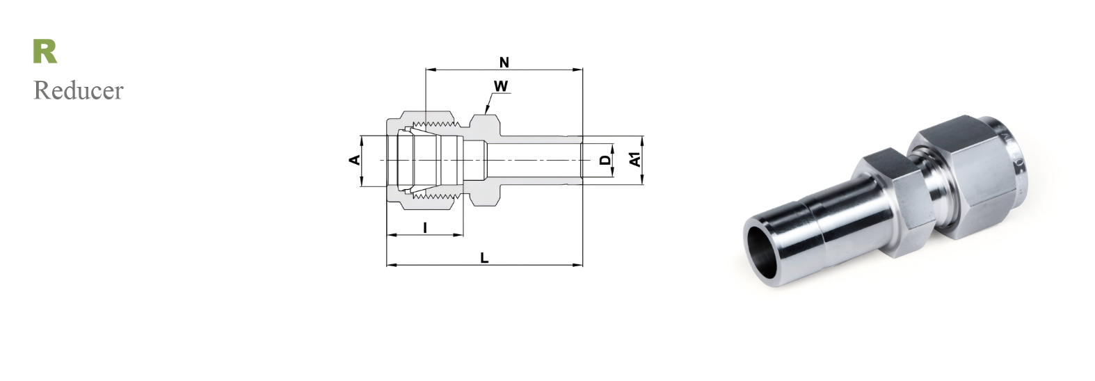 Переходник прямой R: OD мм - Трубка дюйм / Type R  Tube fitting мм - Tube inch